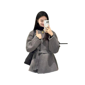 Palton scurt din lână, stil casual japonezo-coreean cu șnur, guler rotund, mâneci lungi, lansare toamnă 2025