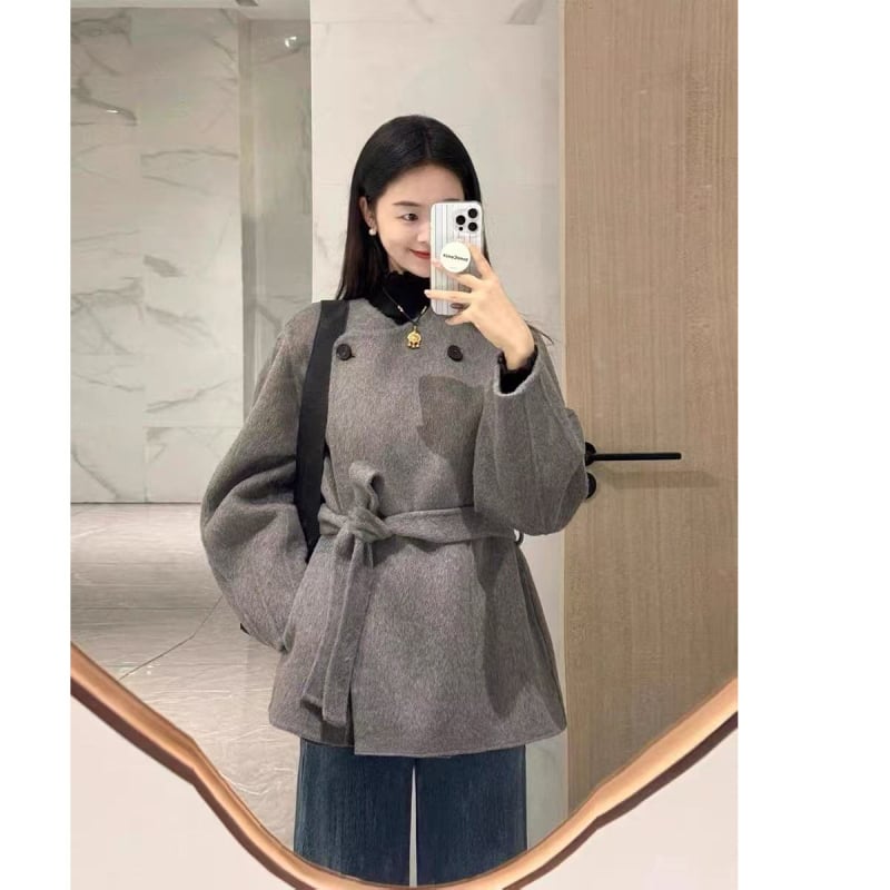 Palton scurt din lână, stil casual japonezo-coreean cu șnur, guler rotund, mâneci lungi, lansare toamnă 2025