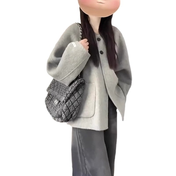 Palto feminin mediu în stil casual japonezo-coreean, guler rotund, închidere cu nasturi pe un rând, mâneci lungi, croială dreaptă; material: 95% poliester + Dragon Phoenix Nylon.