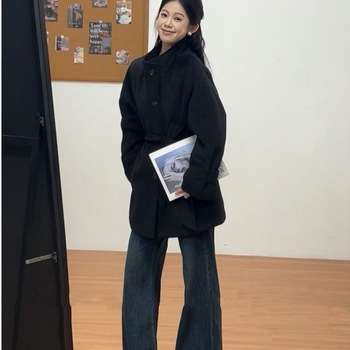 Palton de lână pentru femei, talie înaltă, stil britanic inspirat de Hepburn, croială lejeră, lungime scurtă, toamnă-iarnă