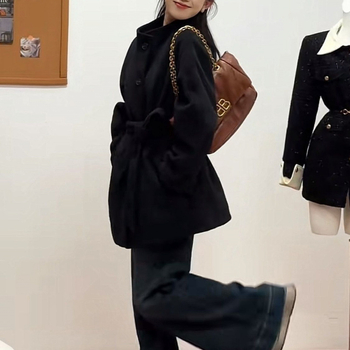 Palton de lână pentru femei, talie înaltă, stil britanic inspirat de Hepburn, croială lejeră, lungime scurtă, toamnă-iarnă