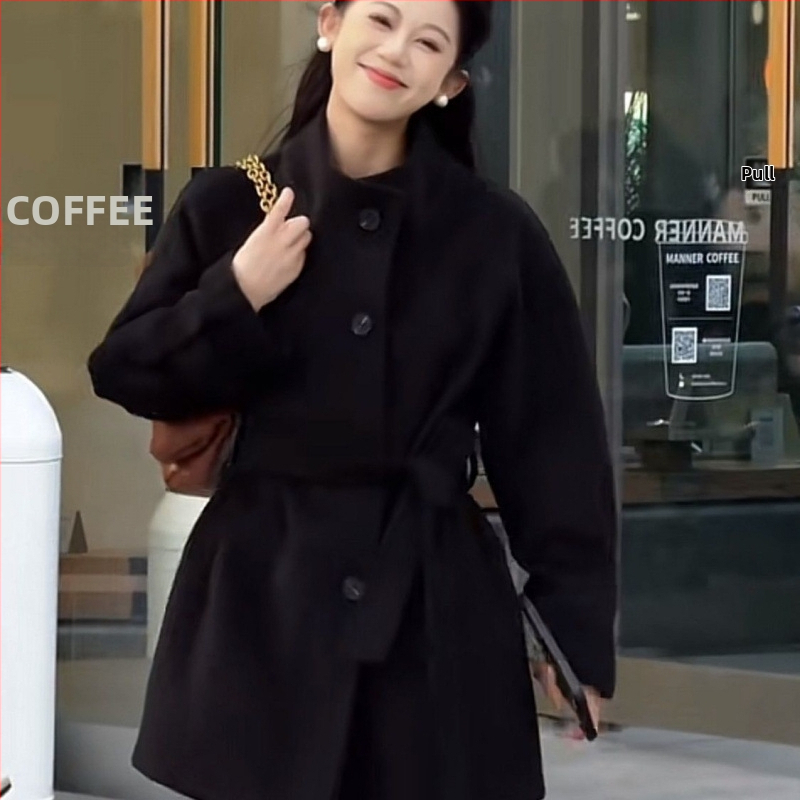 Moteriškas vilnos paltas su aukštu juosmeniu, britų stilius įkvėptas Hepburn, laisvas kirpimas, trumpas ilgis, rudens-žiemos sezonas