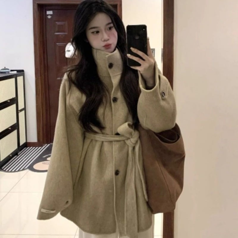 Palton de lână pentru femei, talie înaltă, stil britanic inspirat de Hepburn, croială lejeră, lungime scurtă, toamnă-iarnă