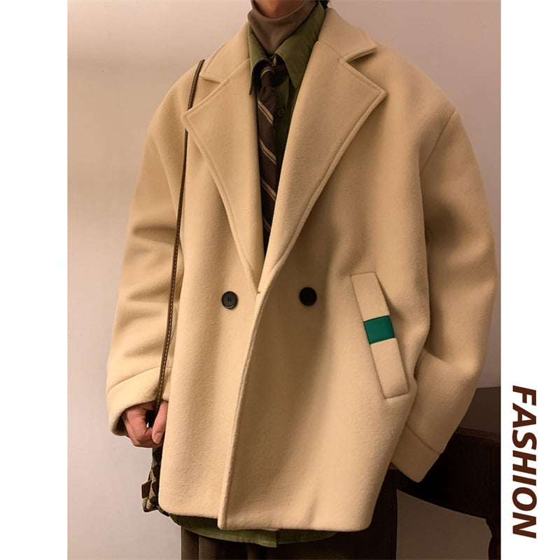 Vyriškas žieminis vilnonis švarkas - laisvas siluetas, dvigubas užsegimas, stora auduma, poliesterio padas