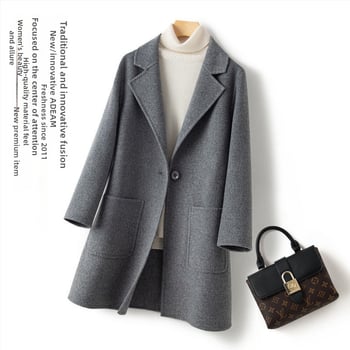 Moterų vilnos paltas, vidutinio ilgio, laisvas kirpimas, korėjietiško stiliaus, apykaklė su lapeliu, ilgis 65–80 cm