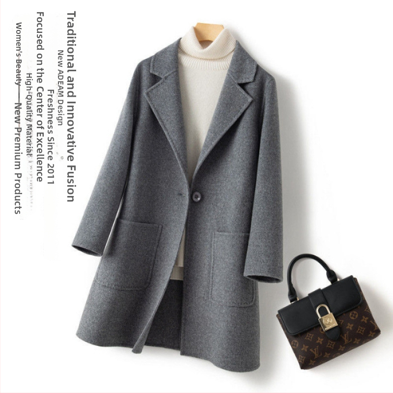 Moterų vilnos paltas, vidutinio ilgio, laisvas kirpimas, korėjietiško stiliaus, apykaklė su lapeliu, ilgis 65–80 cm