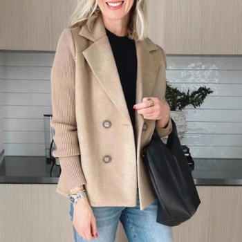 Palton de damă din lână sintetică, cu guler stil sacou, țesătură groasă, închidere cu două nasturi, mâneci lungi