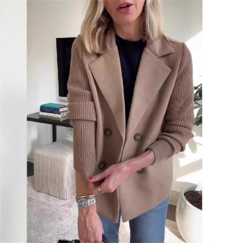 Palton de damă din lână sintetică, cu guler stil sacou, țesătură groasă, închidere cu două nasturi, mâneci lungi