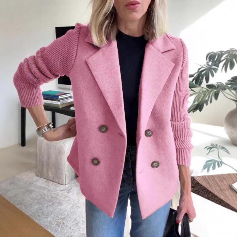 Palton de damă din lână sintetică, cu guler stil sacou, țesătură groasă, închidere cu două nasturi, mâneci lungi