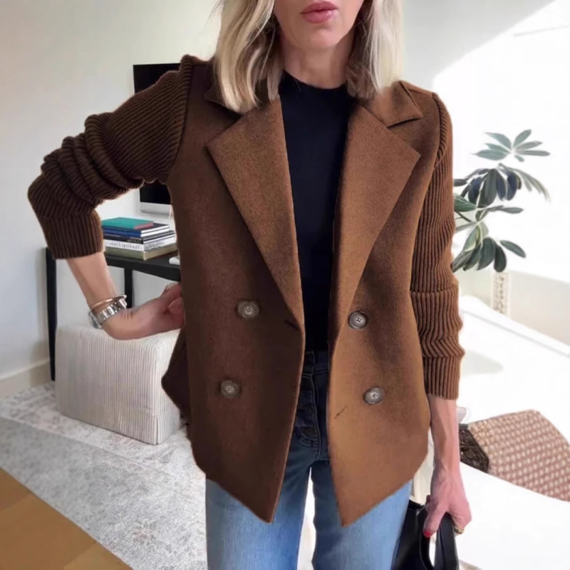 Palton de damă din lână sintetică, cu guler stil sacou, țesătură groasă, închidere cu două nasturi, mâneci lungi