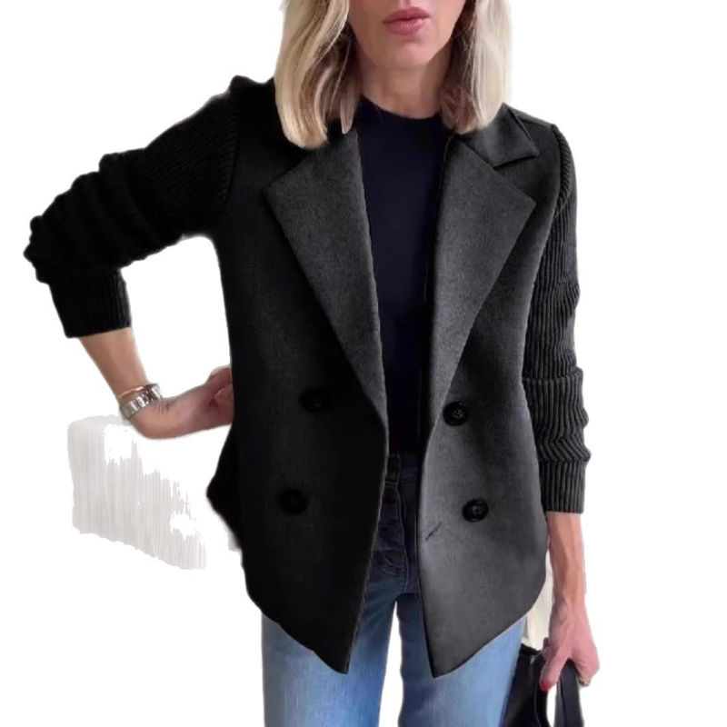 Palton de damă din lână sintetică, cu guler stil sacou, țesătură groasă, închidere cu două nasturi, mâneci lungi