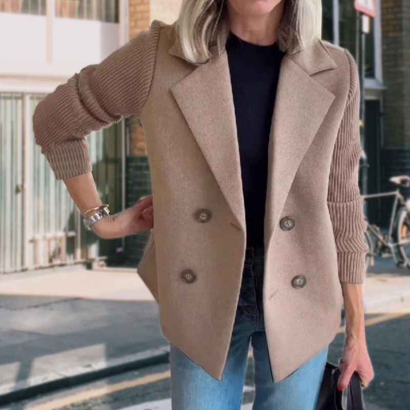 Palton de damă din lână sintetică, cu guler stil sacou, țesătură groasă, închidere cu două nasturi, mâneci lungi