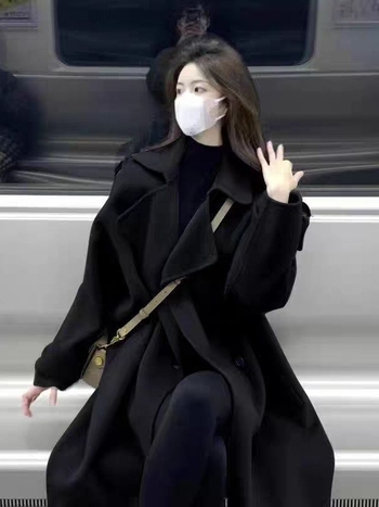 Palton din chenille pentru femei, lung, guler polo, închidere cu nasturi pe o singură rând, stil japonez-coreean lejer