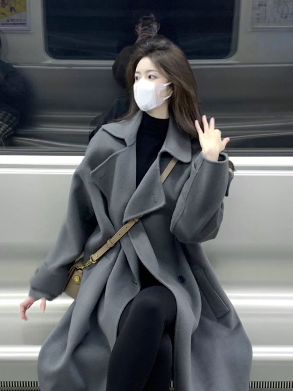 Palton din chenille pentru femei, lung, guler polo, închidere cu nasturi pe o singură rând, stil japonez-coreean lejer