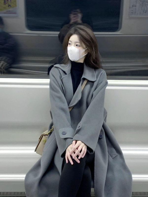 Palton din chenille pentru femei, lung, guler polo, închidere cu nasturi pe o singură rând, stil japonez-coreean lejer