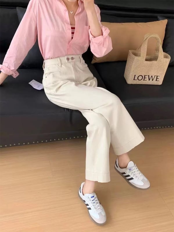 Džinised lühikesed laiad püksid kõrge vöökoht ja laialdased jalad, mikroelastsus, 50–70% puuvill