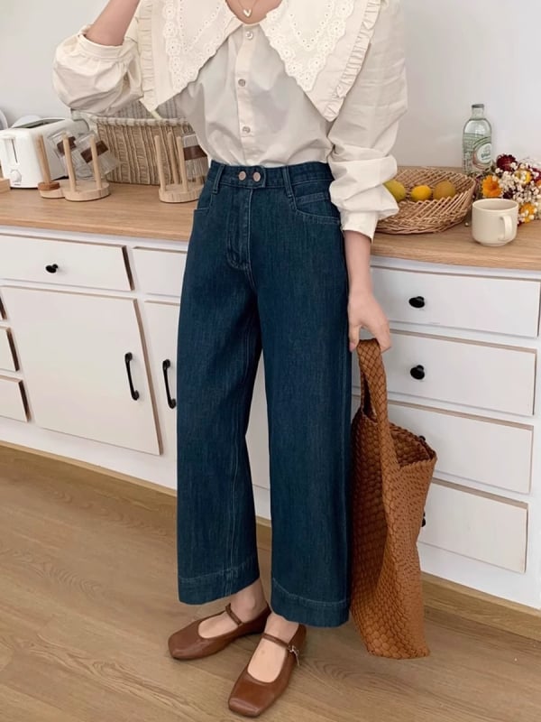 Džinised lühikesed laiad püksid kõrge vöökoht ja laialdased jalad, mikroelastsus, 50–70% puuvill