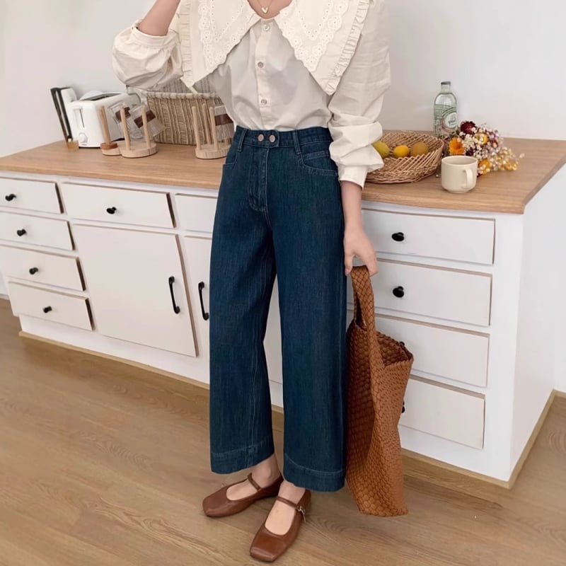 Džinised lühikesed laiad püksid kõrge vöökoht ja laialdased jalad, mikroelastsus, 50–70% puuvill