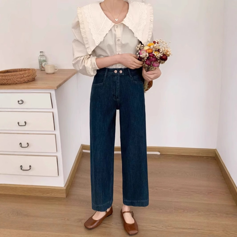 Džinised lühikesed laiad püksid kõrge vöökoht ja laialdased jalad, mikroelastsus, 50–70% puuvill