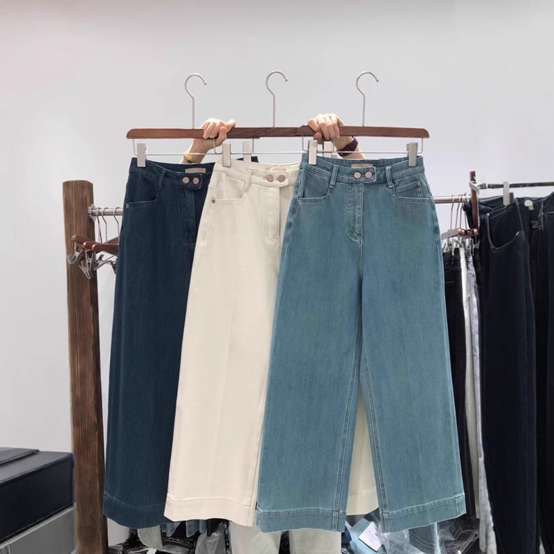 Džinised lühikesed laiad püksid kõrge vöökoht ja laialdased jalad, mikroelastsus, 50–70% puuvill