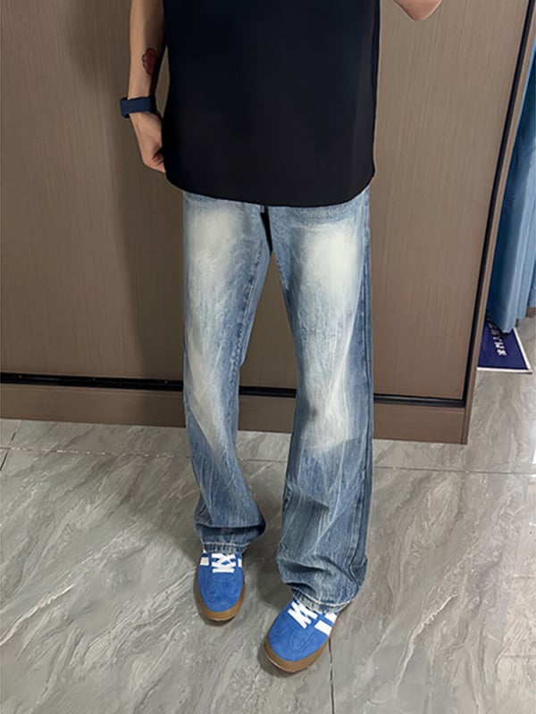 Muške traperice s mikroflare siluetom, srednji struk, pamuk denimu, oprane, zip zatvarač