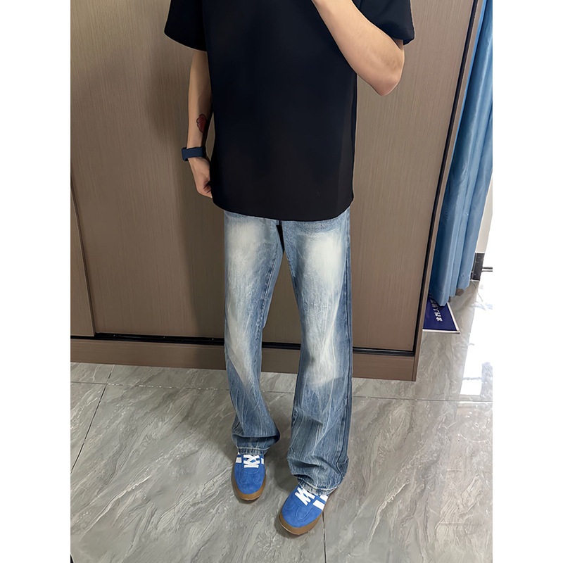 Muške traperice s mikroflare siluetom, srednji struk, pamuk denimu, oprane, zip zatvarač