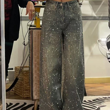 Denimist teksad fleece-vooderiga, laiad jalgad, rhinestones hotfix, põrandal pikkus, talv 2025