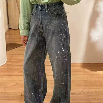 Denimist teksad fleece-vooderiga, laiad jalgad, rhinestones hotfix, põrandal pikkus, talv 2025