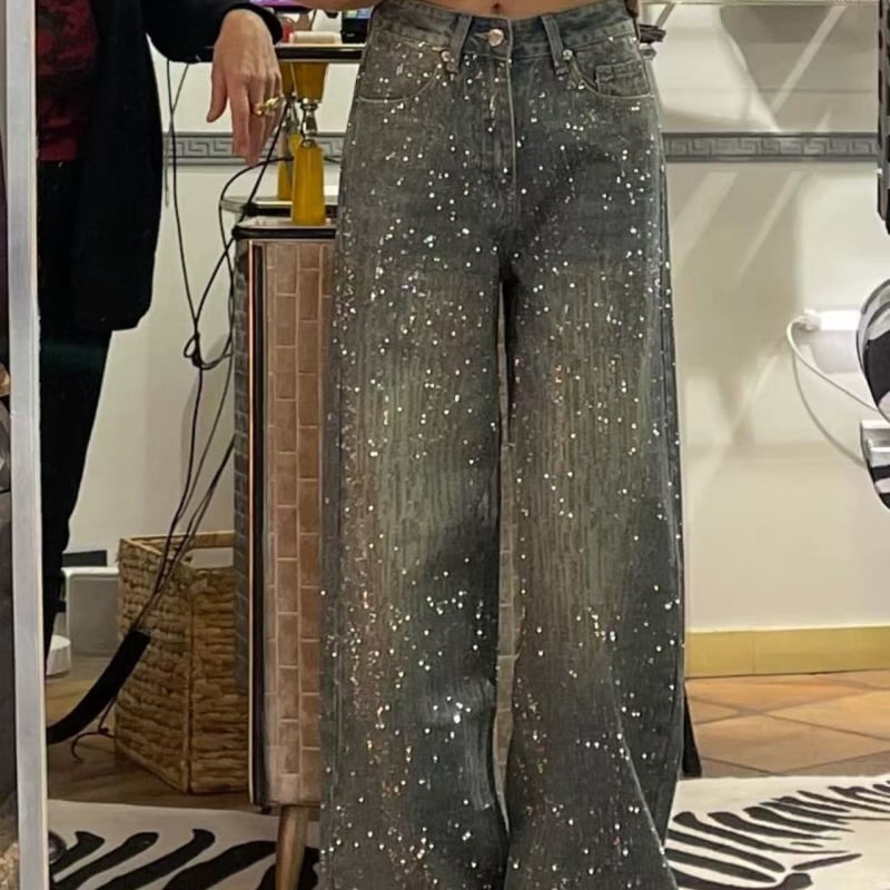 Denimist teksad fleece-vooderiga, laiad jalgad, rhinestones hotfix, põrandal pikkus, talv 2025