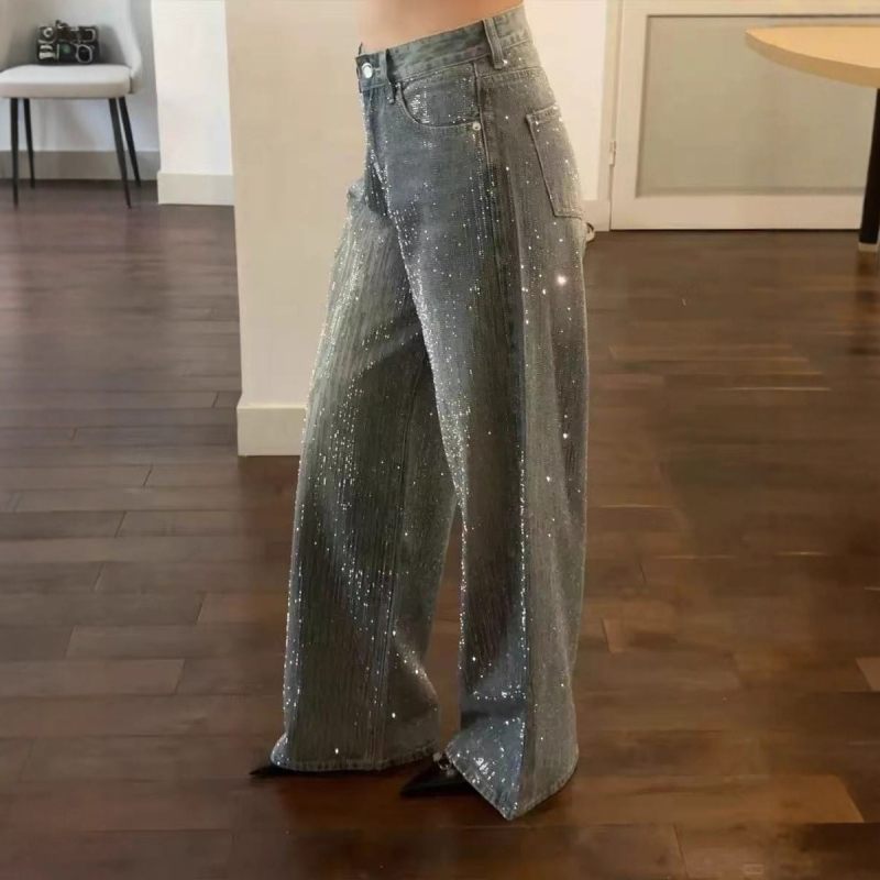 Denimist teksad fleece-vooderiga, laiad jalgad, rhinestones hotfix, põrandal pikkus, talv 2025