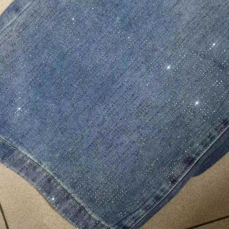 Denimist teksad fleece-vooderiga, laiad jalgad, rhinestones hotfix, põrandal pikkus, talv 2025
