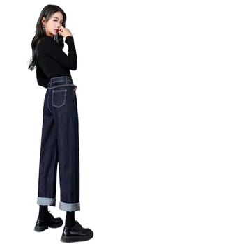 Ženske džin hlače s fleec podstavom, ravna linija, široke nogavice, slobodan pojas