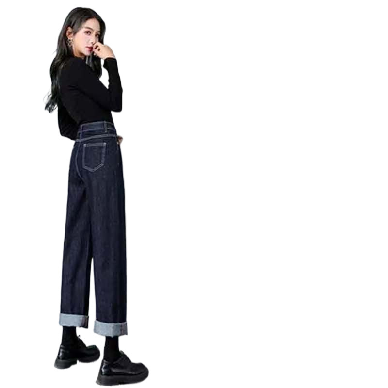 Ženske džin hlače s fleec podstavom, ravna linija, široke nogavice, slobodan pojas