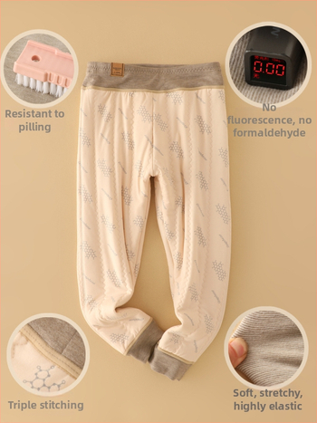 Derong vaikų šiluminės kelnaitės – 42% regeneruotos celiuliozės pluoštas, 34% polieteris, 17% akrilas, 7% spandatas; išorinis sluoksnis avies vilna; saugumo lygis: klasė A; prekė Anbei Child; ruduo/žiema; tinka vaikams nuo 8 metų