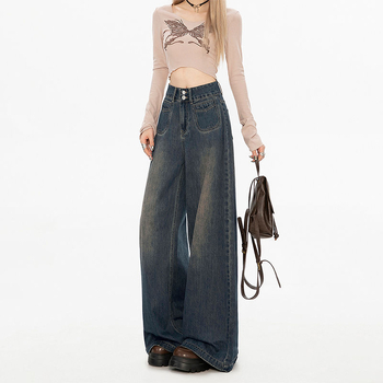 Ženske traperice od denima, visoki struk, široke nogavice, debeli materijal, proljeće 2025