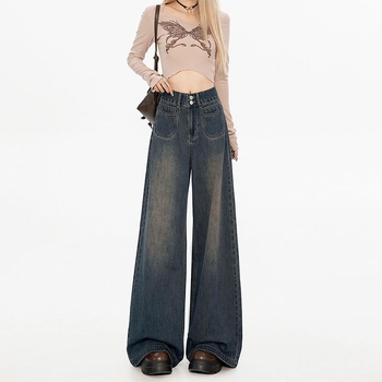 Ženske traperice od denima, visoki struk, široke nogavice, debeli materijal, proljeće 2025