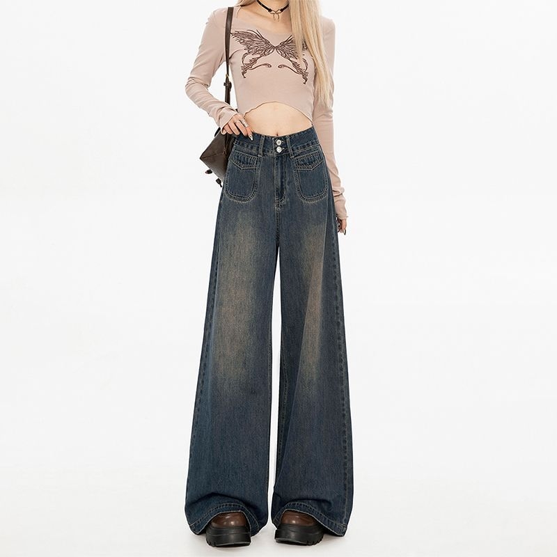 Ženske traperice od denima, visoki struk, široke nogavice, debeli materijal, proljeće 2025