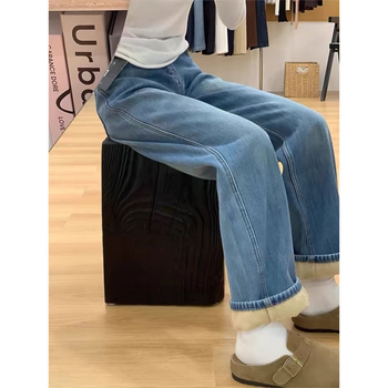 Ženske traperice s fleec navlakom, visokim pojasom, širokim krojem, jesen-zima