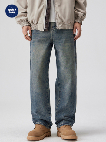 MOOUCHIU muške traperice od denima – ležerni kroj s ravnim nogama, srednji pojas, zip, pijesak pranje, 96.8% pamuka
