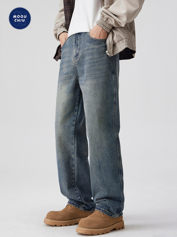 MOOUCHIU muške traperice od denima – ležerni kroj s ravnim nogama, srednji pojas, zip, pijesak pranje, 96.8% pamuka