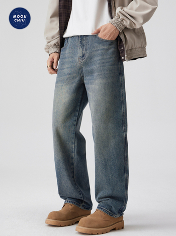 MOOUCHIU muške traperice od denima – ležerni kroj s ravnim nogama, srednji pojas, zip, pijesak pranje, 96.8% pamuka