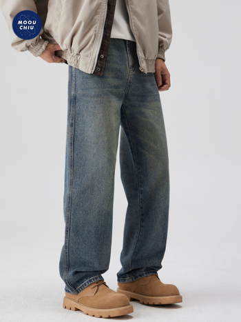 MOOUCHIU muške traperice od denima – ležerni kroj s ravnim nogama, srednji pojas, zip, pijesak pranje, 96.8% pamuka