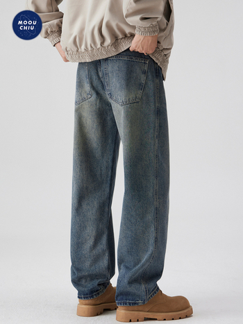 MOOUCHIU muške traperice od denima – ležerni kroj s ravnim nogama, srednji pojas, zip, pijesak pranje, 96.8% pamuka