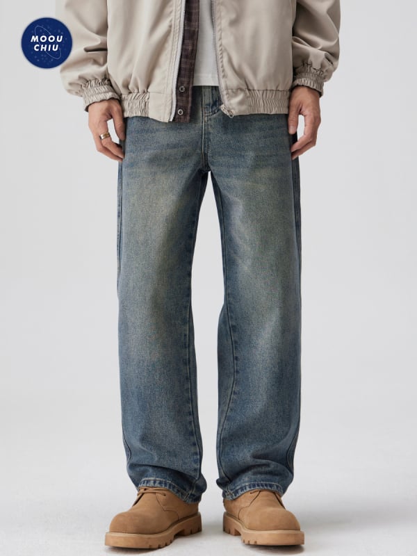 MOOUCHIU muške traperice od denima – ležerni kroj s ravnim nogama, srednji pojas, zip, pijesak pranje, 96.8% pamuka