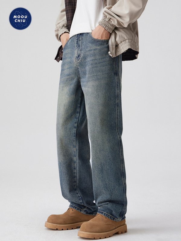 MOOUCHIU muške traperice od denima – ležerni kroj s ravnim nogama, srednji pojas, zip, pijesak pranje, 96.8% pamuka