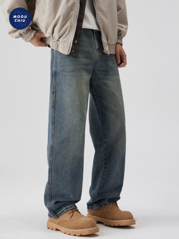 MOOUCHIU muške traperice od denima – ležerni kroj s ravnim nogama, srednji pojas, zip, pijesak pranje, 96.8% pamuka