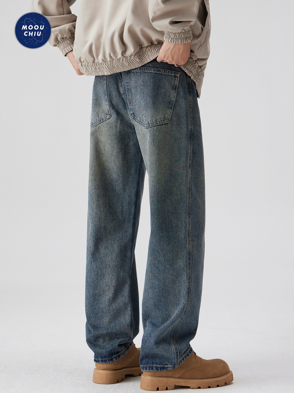 MOOUCHIU muške traperice od denima – ležerni kroj s ravnim nogama, srednji pojas, zip, pijesak pranje, 96.8% pamuka