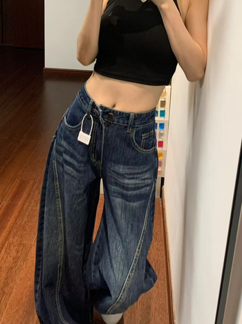 Ženske široke hlače traperice s visokim strukom, denim s 80-90% pamuka i regeneriranih vlakana celuloze, naborita tekstura