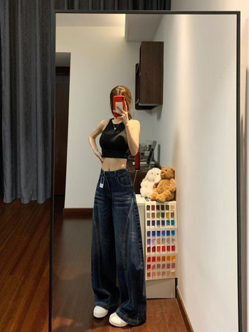 Ženske široke hlače traperice s visokim strukom, denim s 80-90% pamuka i regeneriranih vlakana celuloze, naborita tekstura