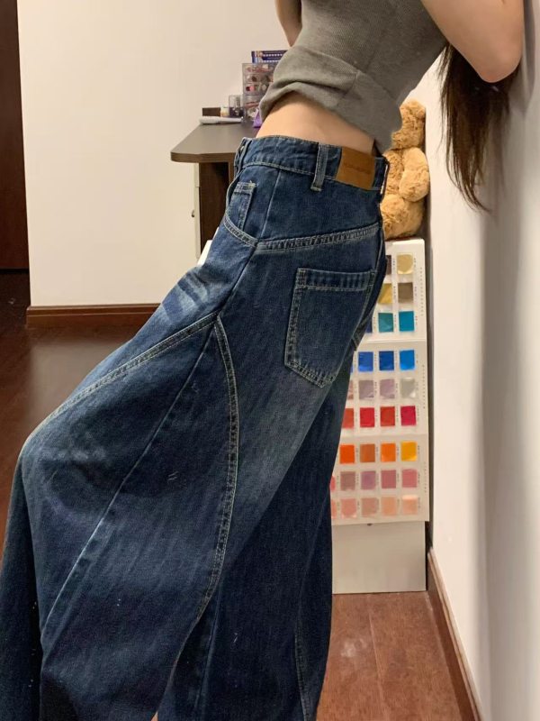 Ženske široke hlače traperice s visokim strukom, denim s 80-90% pamuka i regeneriranih vlakana celuloze, naborita tekstura